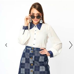 Unique Vintage Cream Blouse with Navy Contrast Collar & Cuffs